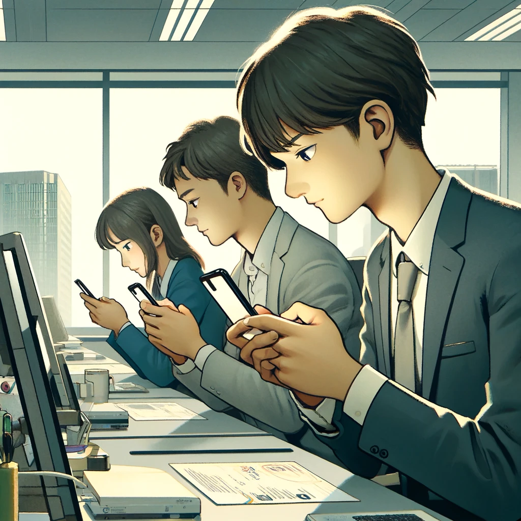 DALLE-2024-04-04-165430-Create-an-illustration-depicting-a-small-team-of-three-office-workers-in-a-Japanese-office-setting-They-are-intently-focused-on-their-smartphones-dur - innovaTopia アルファテック社のマーケティング部署