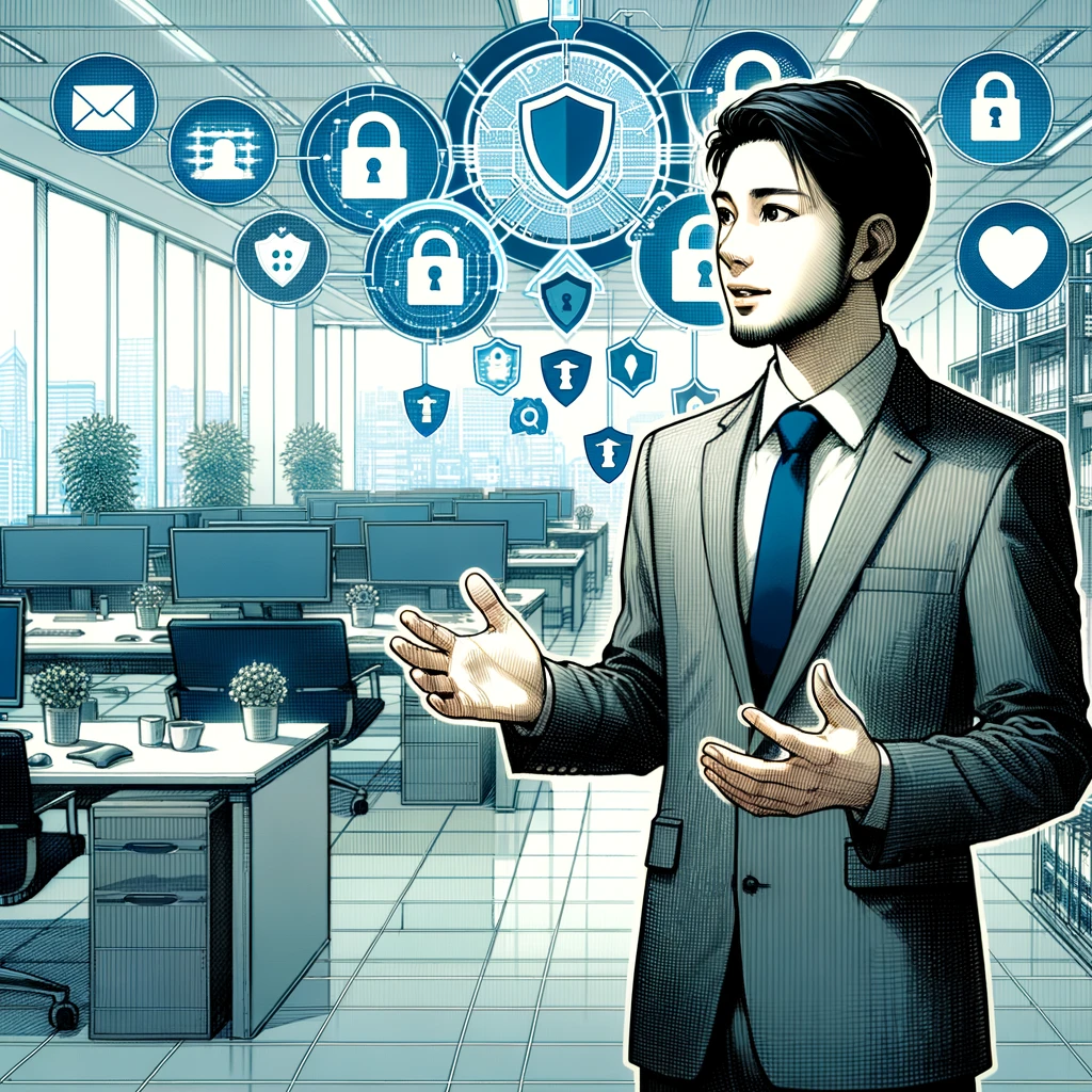 DALLE-2024-04-04-170452-Redraw-the-illustration-of-the-security-administrator-advocating-for-cybersecurity-awareness-but-this-time-match-the-style-of-the-previous-Japanese-o - innovaTopia セキュリティアップデートの重要性
