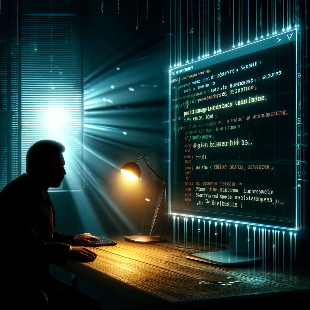 DALLE 2024-04-07 102501 - Create a serious and impactful illustration that metaphorically depicts the incident of a business man inadvertently leaking internal source code via - innovaTopia ASCII アート攻撃が AI チャットボットのセキュリティを脅かす