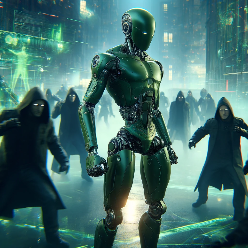 DALLE 2024-04-07 202030 - Imagine a dramatic scene where a futuristic green android is being attacked by numerous unspecified villains in a chaotic urban setting The android - innovaTopia Androidの重大な脆弱性修正: Googleが28の問題に対処