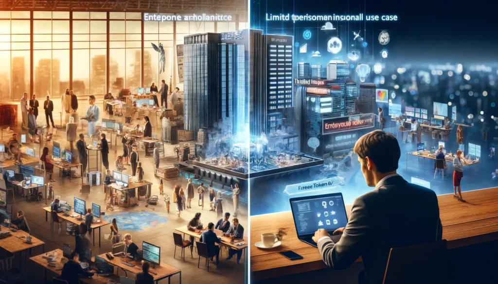 DALLE-2024-04-10-095458-Create-a-split-screen-image-On-one-side-depict-a-corporate-office-filled-with-professionals-using-advanced-technology-symbolizing-the-enterprise-fo - innovaTopia - innovaTopia - (イノベトピア)