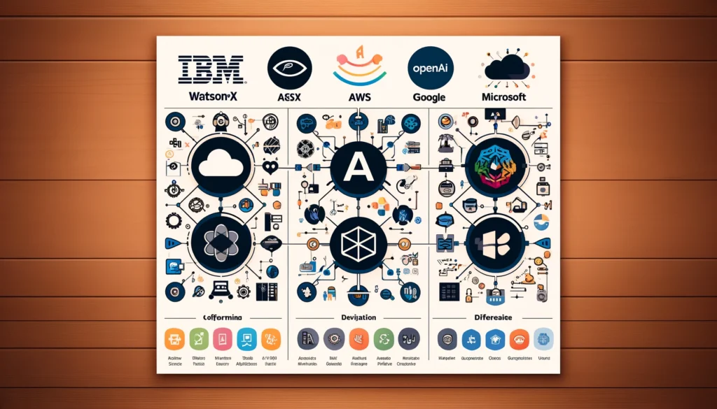 DALLE 2024-04-10 095523 - Create a comparison chart featuring the logos of IBM watsonx AWS Google Microsoft and OpenAI Beside each logo include icons and brief text highl - innovaTopia - innovaTopia - (イノベトピア)