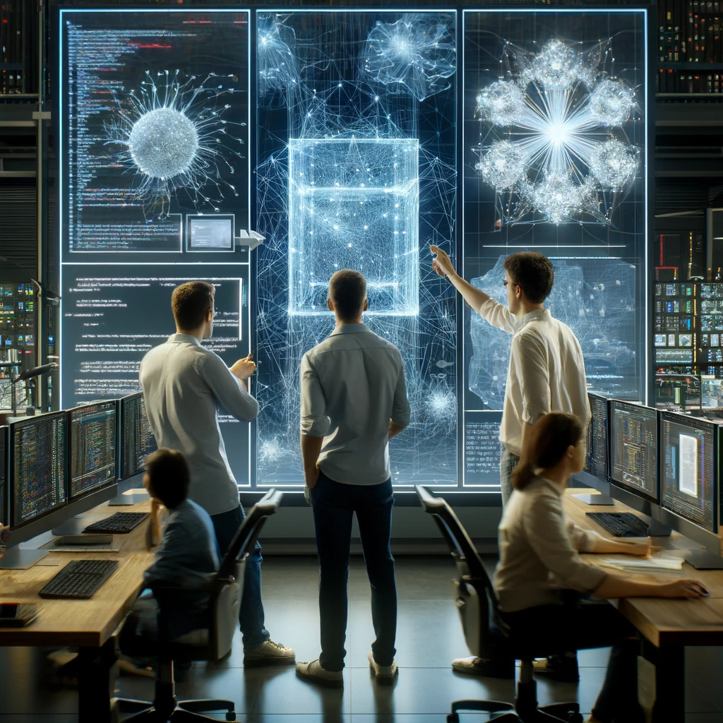 DALLE-2024-04-11-144049-Three-engineers-are-deeply-engaged-in-AI-research-within-a-high-tech-laboratory-setting-The-scene-shows-them-standing-around-a-large-digital-display- - innovaTopia - innovaTopia - (イノベトピア)