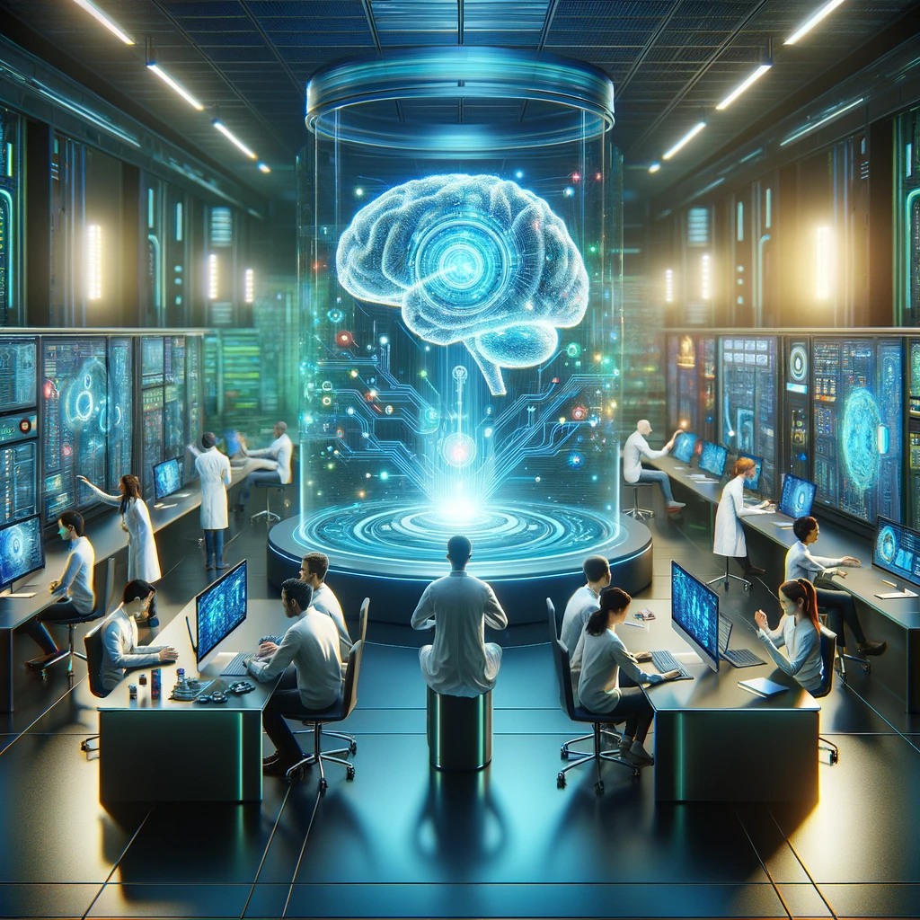 DALLE-2024-04-11-144142-A-futuristic-AI-lab-filled-with-holographic-displays-and-sleek-computers-In-the-center-a-diverse-team-of-scientists-and-engineers-collaborate-around - innovaTopia - innovaTopia - (イノベトピア)
