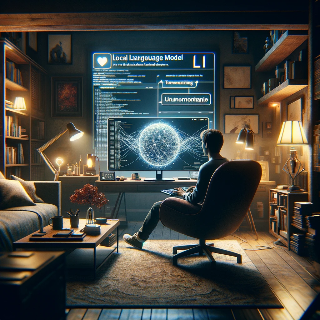 DALLE 2024-04-11 181054 - In a cozy personal home office an individual is deeply immersed in a project on their computer The room is filled with technology and personal touc - innovaTopia Operaの開発版でローカルLLMを実現。開発版を使ってみた。