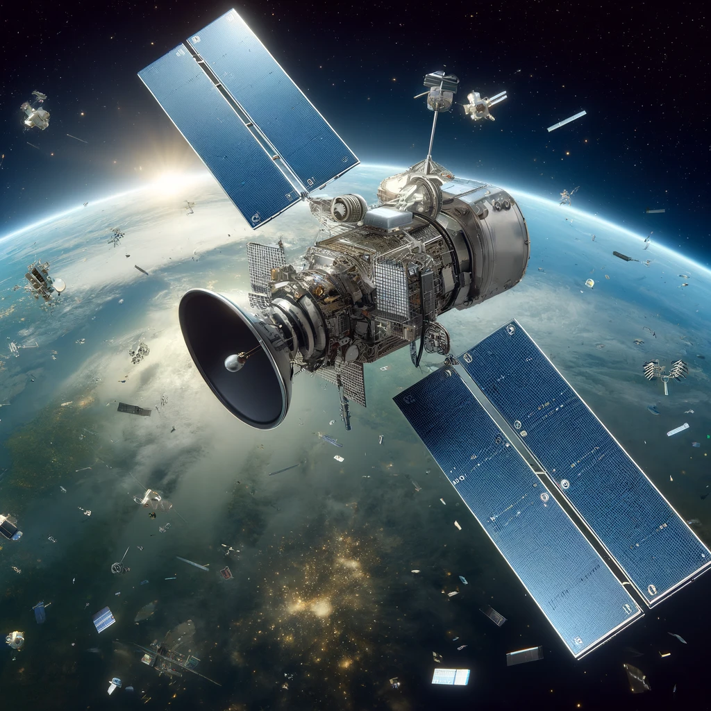 DALLE-2024-04-14-155937-An-imaginative-depiction-of-a-satellite-designed-to-monitor-other-satellites-and-remove-space-debris-The-satellite-is-sleek-and-equipped-with-advance - innovaTopia - innovaTopia - (イノベトピア)