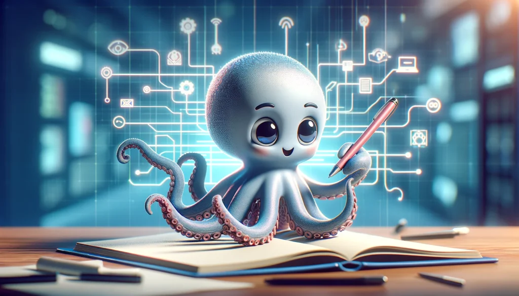 DALLE-2024-04-18-162909-A-wide-image-featuring-a-cute-octopus-character-actively-drawing-or-writing-in-a-notebook-The-octopus-representing-an-advanced-AI-agent-is-depicted - innovaTopia - innovaTopia - (イノベトピア)