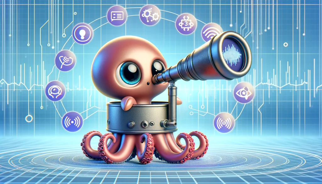 DALLE-2024-04-18-162914-A-wide-image-for-an-article-about-Octopus-V3-featuring-a-cute-octopus-character-looking-through-a-telescope-The-octopus-symbolizes-the-edge-AI-age - innovaTopia - innovaTopia - (イノベトピア)