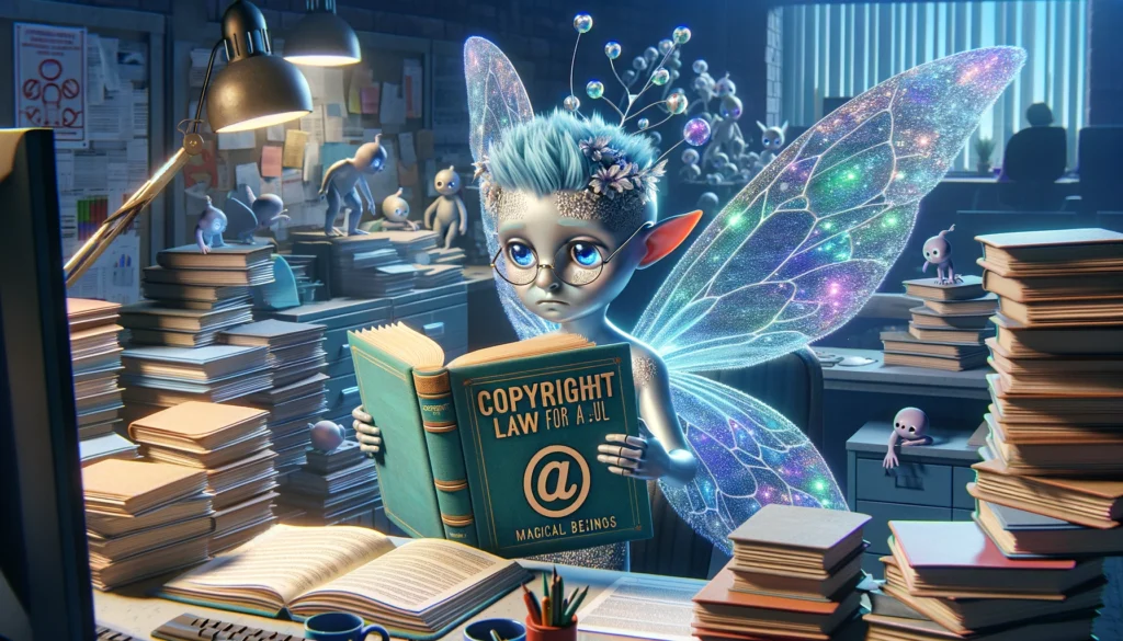 DALLE-2024-04-22-131656-A-whimsical-scene-where-a-fairy-like-AI-character-is-humorously-concerned-about-copyright-laws-portrayed-in-a-wide-image-format-The-fairy-is-depicte - innovaTopia - innovaTopia - (イノベトピア)