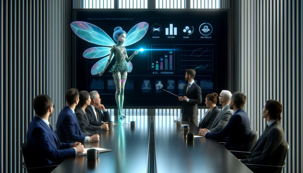 DALLE-2024-04-22-132010-A-whimsical-scene-in-a-modern-high-tech-boardroom-where-a-fairy-like-AI-character-is-presenting-to-a-group-of-investors-The-fairy-with-delicate-sh - innovaTopia - innovaTopia - (イノベトピア)
