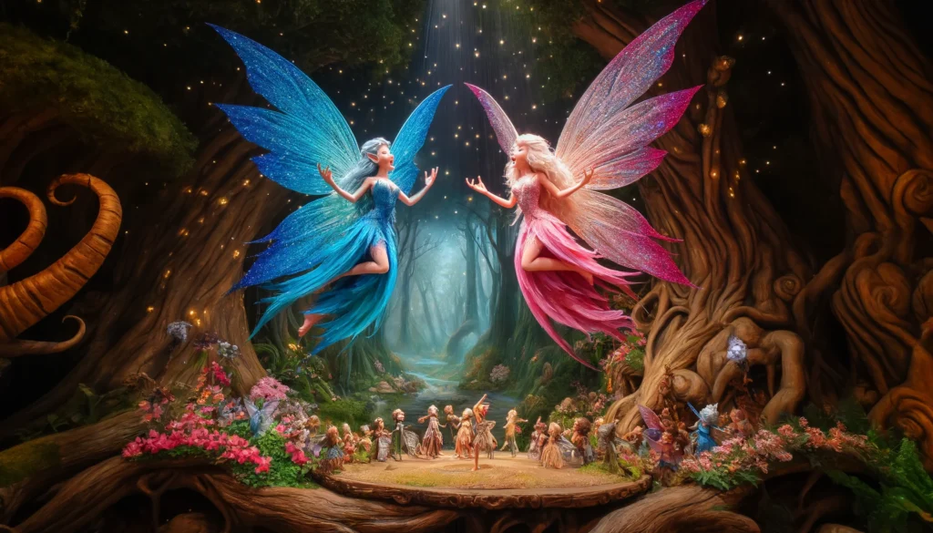 DALLE-2024-04-22-132118-A-magical-scene-depicting-two-fairies-having-a-singing-battle-in-an-enchanted-forest-Each-fairy-is-vibrantly-colored-one-with-wings-shimmering-in-sh - innovaTopia - innovaTopia - (イノベトピア)