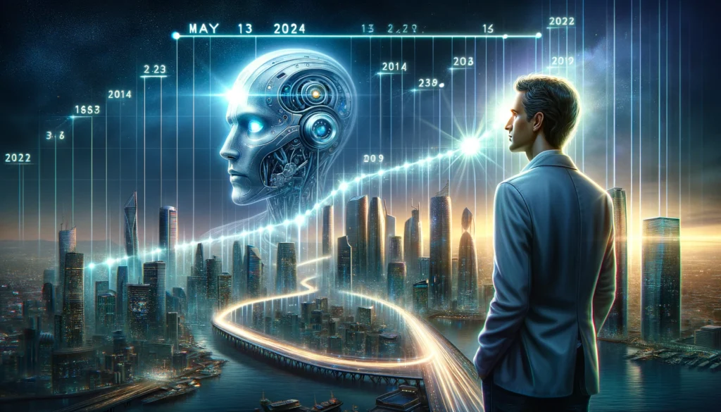 DALLE-2024-05-12-223350-A-timeline-depicting-the-evolution-of-ChatGPT-marked-by-key-milestones-as-glowing-points-along-a-line-The-background-features-a-futuristic-cityscape - innovaTopia - innovaTopia - (イノベトピア)