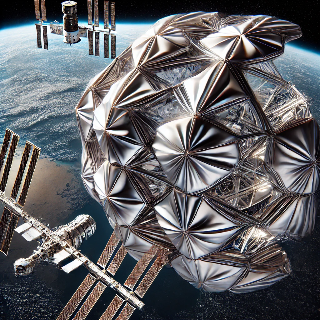 DALLE 2024-07-29 065704 - A futuristic space habitat unfolding in orbit inspired by 17th-century origami techniques The habitat is partially expanded revealing a rigid struc - innovaTopia - innovaTopia - (イノベトピア)