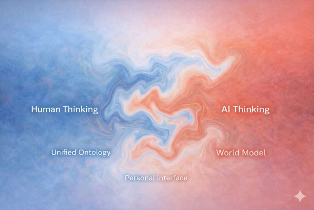 この図は、Intelitionを「完成した概念」や「技術の構成要件」として示すものではありません。
人間の思考とAIの思考の境界が、少しずつ曖昧になっていく状態を表したものです。
どこからが人間の発想で、どこからがAIの影響なのか。
それを明確に線引きできなくなったとき、Intelitionという問いが立ち上がります。