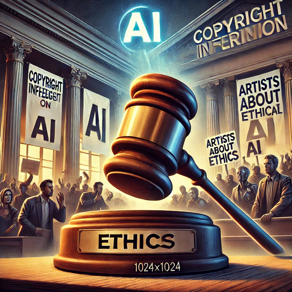 DALLE 2024-06-29 081140 - An illustration of a gavel striking down on AI-generated images representing copyright infringement concerns Artists in the background are protestin - innovaTopia MidjourneyのAI画像生成サービス、著作権侵害の懸念で波紋―アーティスト追放と倫理的議論に火をつける - innovaTopia - (イノベトピア)