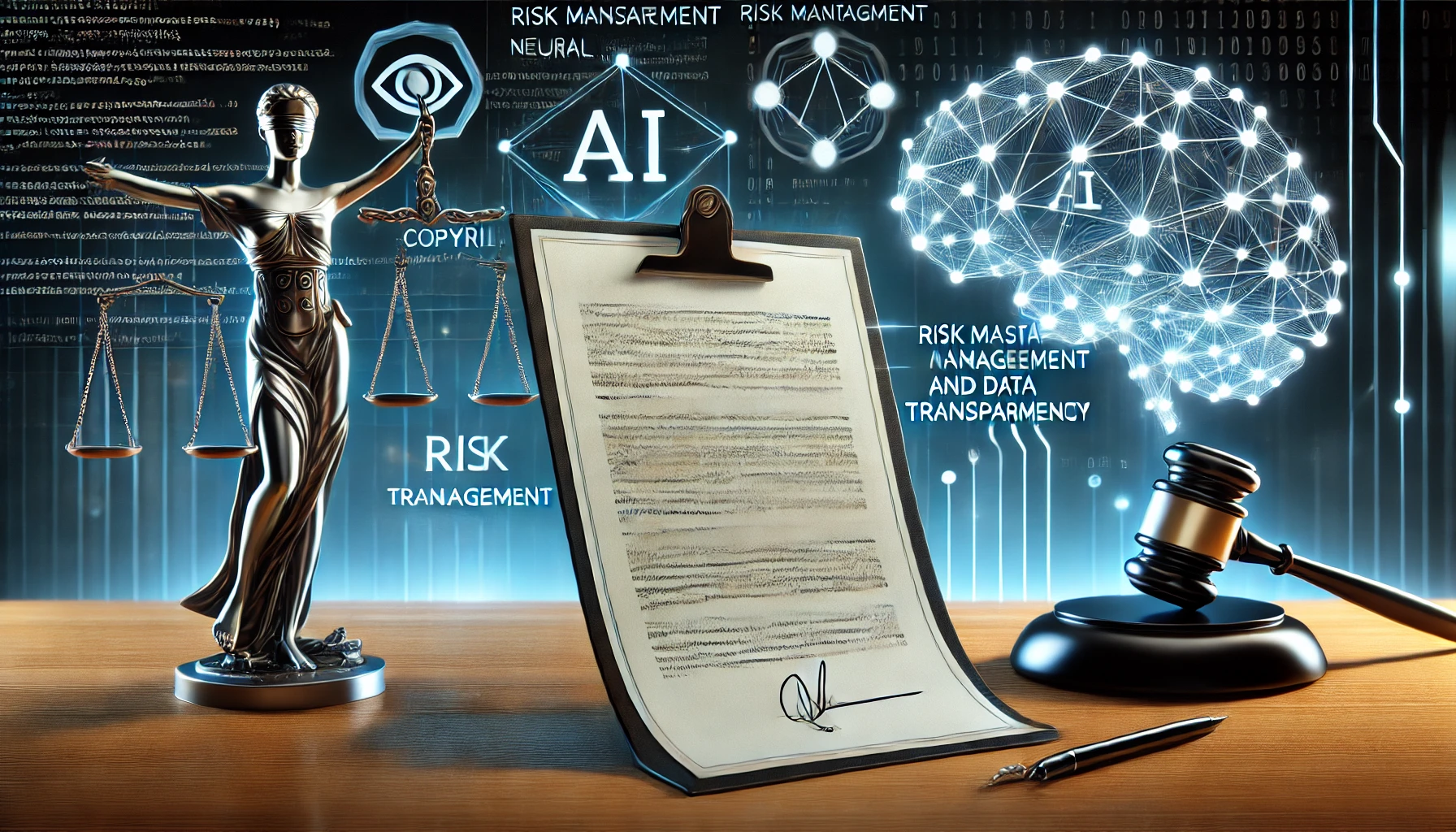 DALLE 2024-09-13 060351 - A professional and sleek illustration representing a legal document with AI-themed elements such as code snippets neural networks and a scale of ju - innovaTopia AI企業にトレーニングデータ開示義務を課す「AI Foundation Model Transparency Act」が提案される―著作権データの透明性とリスク管理が焦点 - innovaTopia - (イノベトピア)