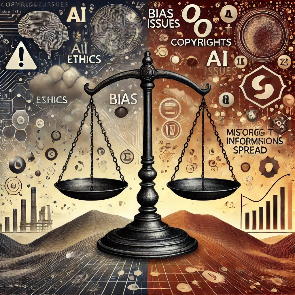 DALLE 2024-09-24 054128 - An abstract illustration depicting the complex landscape of AI with elements representing bias issues copyright concerns and misinformation spread - innovaTopia "AIのバイアス問題と著作権訴訟増加、労働環境への影響とデマ情報拡散:楽観論と悲観論が交錯するAIの現状と - innovaTopia - (イノベトピア)