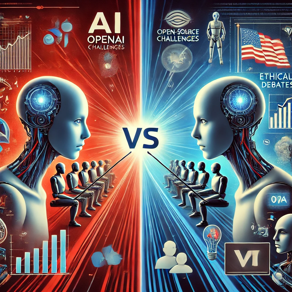 DALLE 2024-09-24 060053 - A dramatic illustration capturing the AI battles of 2024 with OpenAI and Anthropic facing off The scene shows two AI figures representing the compa - innovaTopia AIの未来を握る2024年:OpenAIとAnthropicの激突、オープンソースの挑戦、選挙への影響、データ問題の深刻化、そして利他主義対加速主義の思想戦争 - innovaTopia - (イノベトピア)