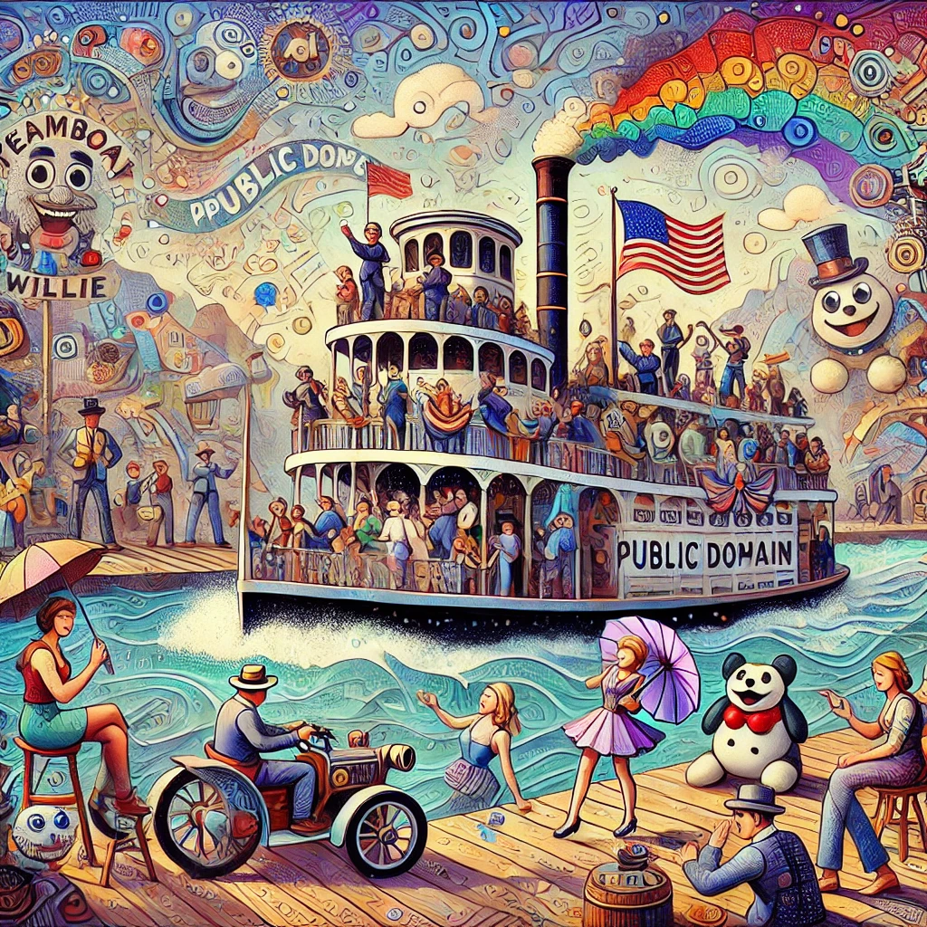 DALLE 2024-06-28 085706 - A lively scene with AI-generated art featuring elements of Steamboat Willie representing the public domain status and the excitement around copyrig - innovaTopia 「ミッキーマウス解禁!AIアートが著作権フリーの『蒸気船ウィリー』で大波乱」 - innovaTopia - (イノベトピア)