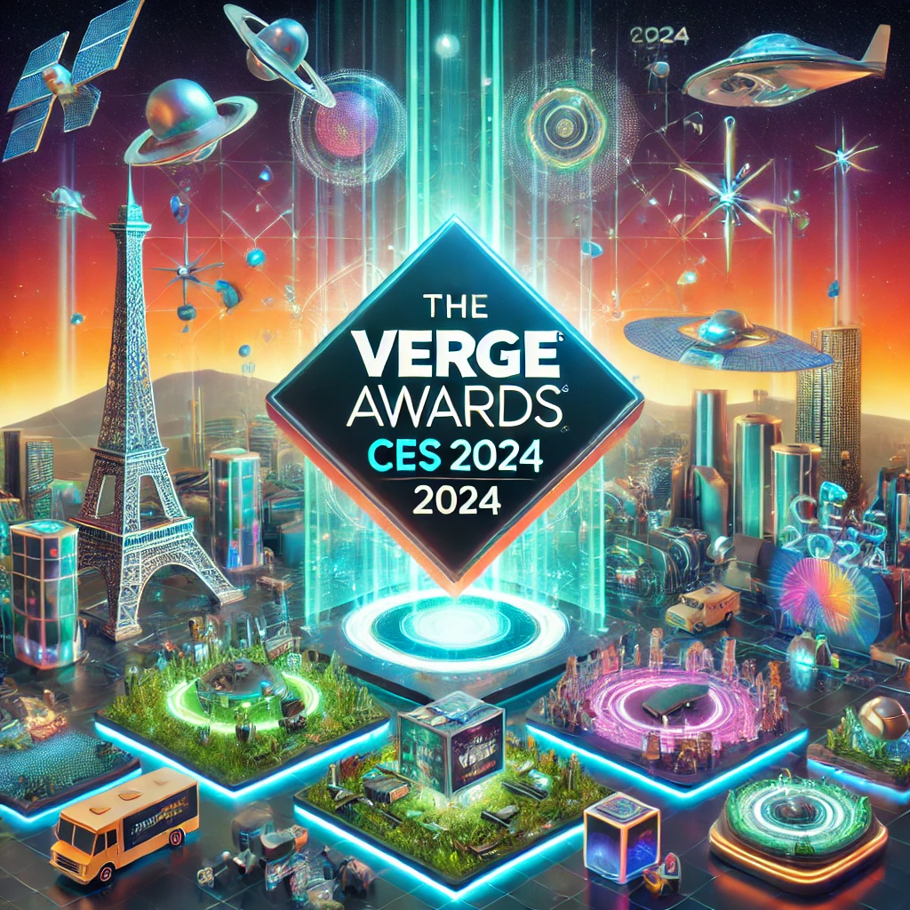 DALLE 2024-07-03 091649 - A vibrant scene from CES 2024 with various cutting-edge technologies on display The background features the Verge Awards logo and futuristic elements - innovaTopia CES 2024で輝くイノベーションの星!Verge Awardsが選ぶ最先端技術の数々が未来を照らす - innovaTopia - (イノベトピア)