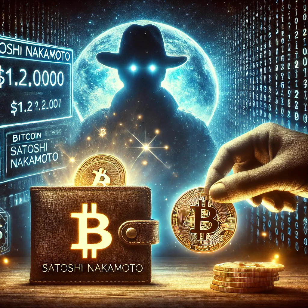 DALLE 2024-07-13 073551 - A mysterious scene with a digital wallet labeled Satoshi Nakamoto A significant amount of million being transferred with Bitcoin symbols and - innovaTopia サトシ・ナカモトのジェネシスウォレットに謎の1.2百万ドル送金、ビットコイン界に憶測飛び交う! - innovaTopia - (イノベトピア)
