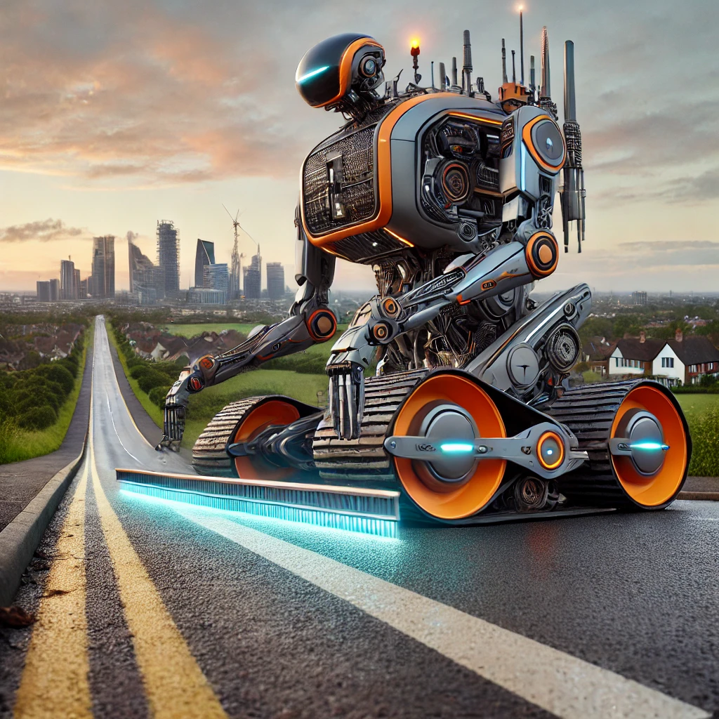 DALLE 2024-07-18 183209 - A futuristic robot named ARRES PREVENT repairing roads in Hertfordshire with AI-driven technology showcasing the future of road maintenance - innovaTopia 「未来の道路修復:AI駆動ロボット「ARRES PREVENT」がハートフォードシャーで実地試験へ!」 - innovaTopia - (イノベトピア)