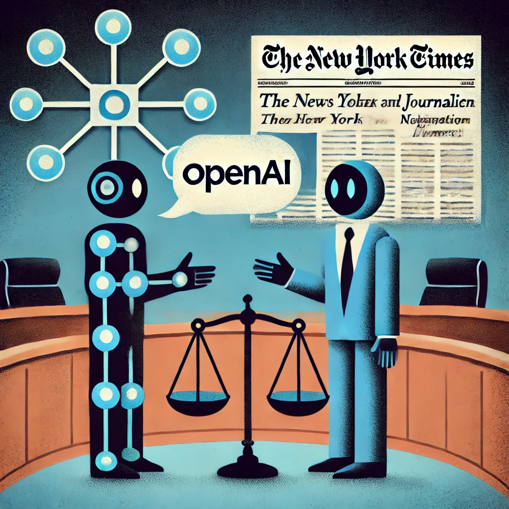 DALLE 2024-09-25 060410 - An illustration of two symbolic figures representing OpenAI and The New York Times in a courtroom setting with the OpenAI figure gesturing towards a - innovaTopia OpenAI対NYT訴訟戦:Altman氏が交渉の意向を明かす - innovaTopia - (イノベトピア)