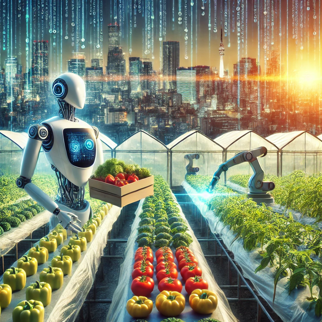 DALLE 2024-10-09 072714 - An image illustrating the rise of robots in Japanese agriculture due to labor shortages Show AI-powered robots harvesting vegetables like peppers and - innovaTopia 日本農業、労働力不足にロボット革命!ピーマンからトマトまで、AI収穫者が台頭 - innovaTopia - (イノベトピア)