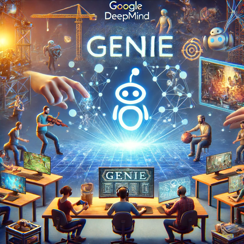 DALLE 2024-06-14 082356 - A scene showing the development of Genie by Google DeepMind revolutionizing game creation The background features game developers using advanced A - innovaTopia Google DeepMind開発、「Genie」でゲーム作成の未来が変わる - innovaTopia - (イノベトピア)