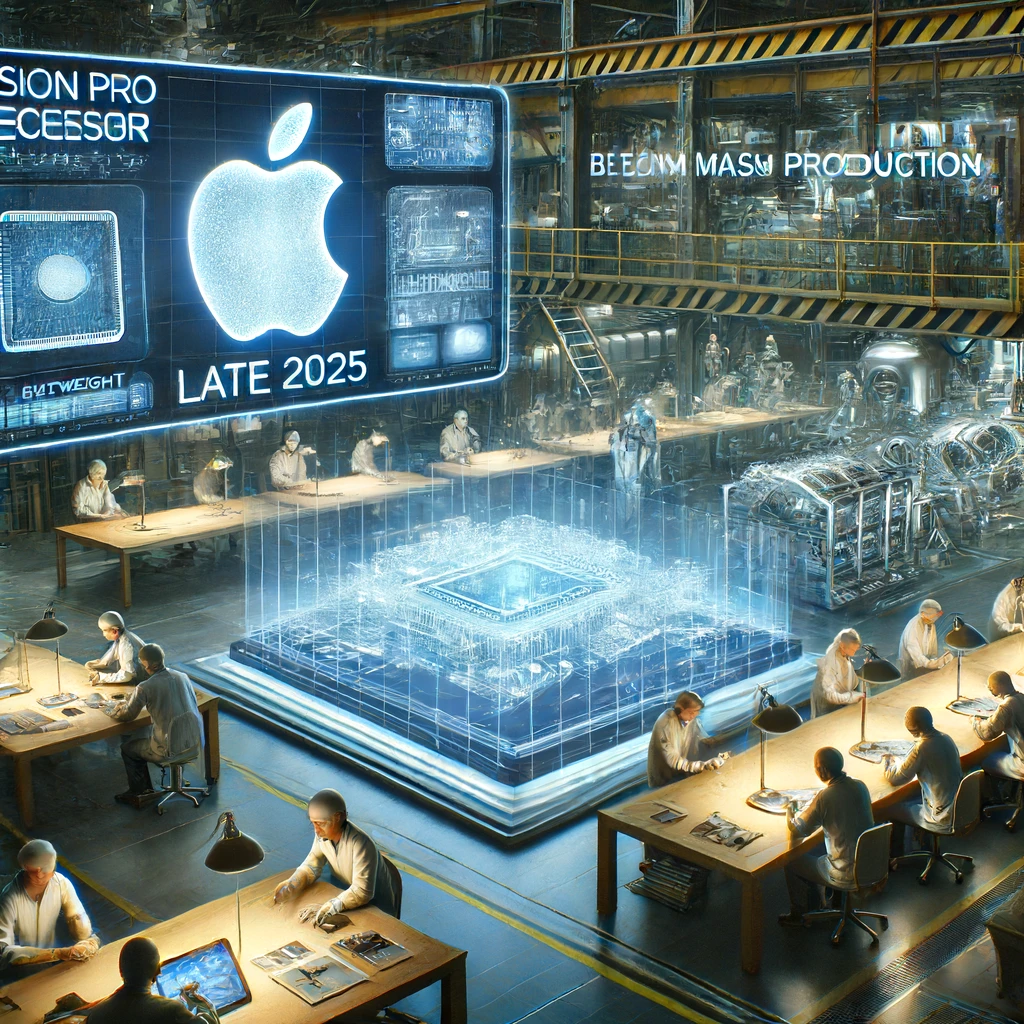 DALLE 2024-06-14 084458 - A scene showing the development of Apples Vision Pro successor set to begin mass production by late 2025 with a focus on lightweight design The bac - innovaTopia Apple Vision Pro後継機、2025年末量産開始へ - 軽量化が最優先事項 - innovaTopia - (イノベトピア)