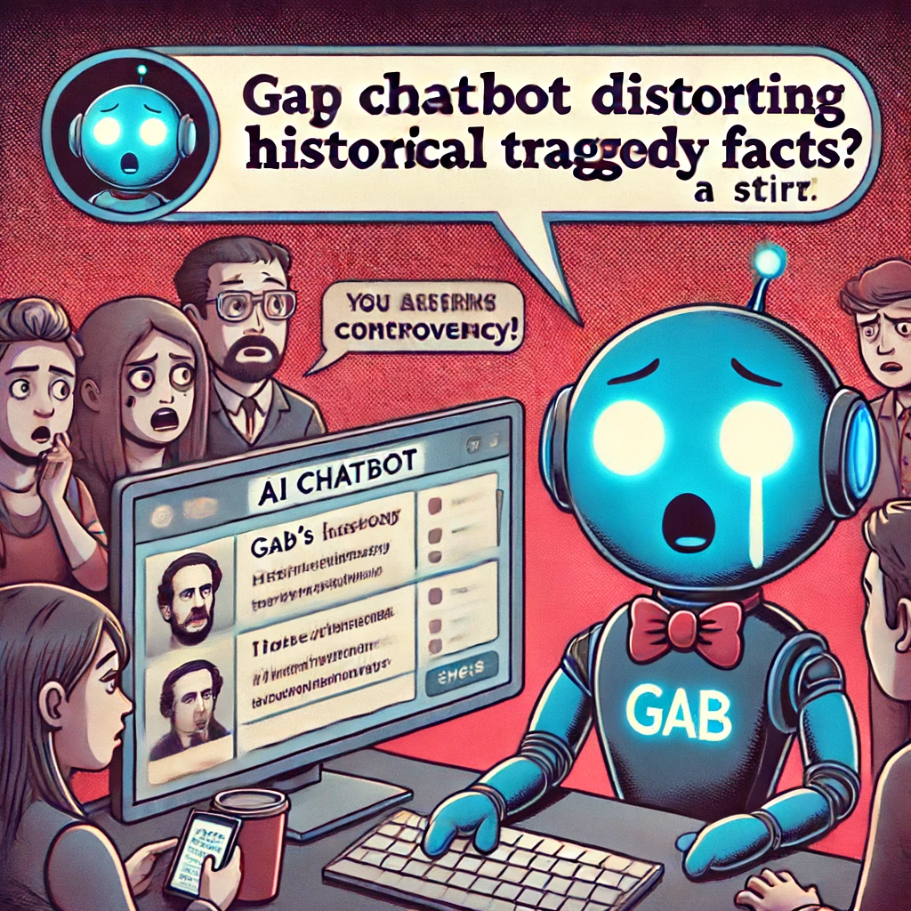 DALLE 2024-06-16 102643 - An illustration of an AI chatbot distorting historical tragedy facts featuring Gabs controversial character causing a stir The scene shows a digita - innovaTopia AIチャットボットがホロコースト否認を促進、Gabの過激なキャラクターが問題視 - innovaTopia - (イノベトピア)
