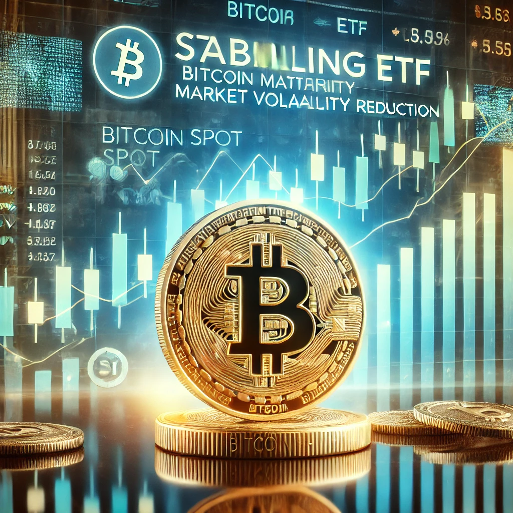 DALLE 2024-06-23 102850 - A financial scene with a Bitcoin ETF symbol and stabilizing market graphs symbolizing the approval of a Bitcoin spot ETF and its impact on market mat - innovaTopia ビットコインスポットETF承認、市場の成熟とボラティリティ低下へ - innovaTopia - (イノベトピア)