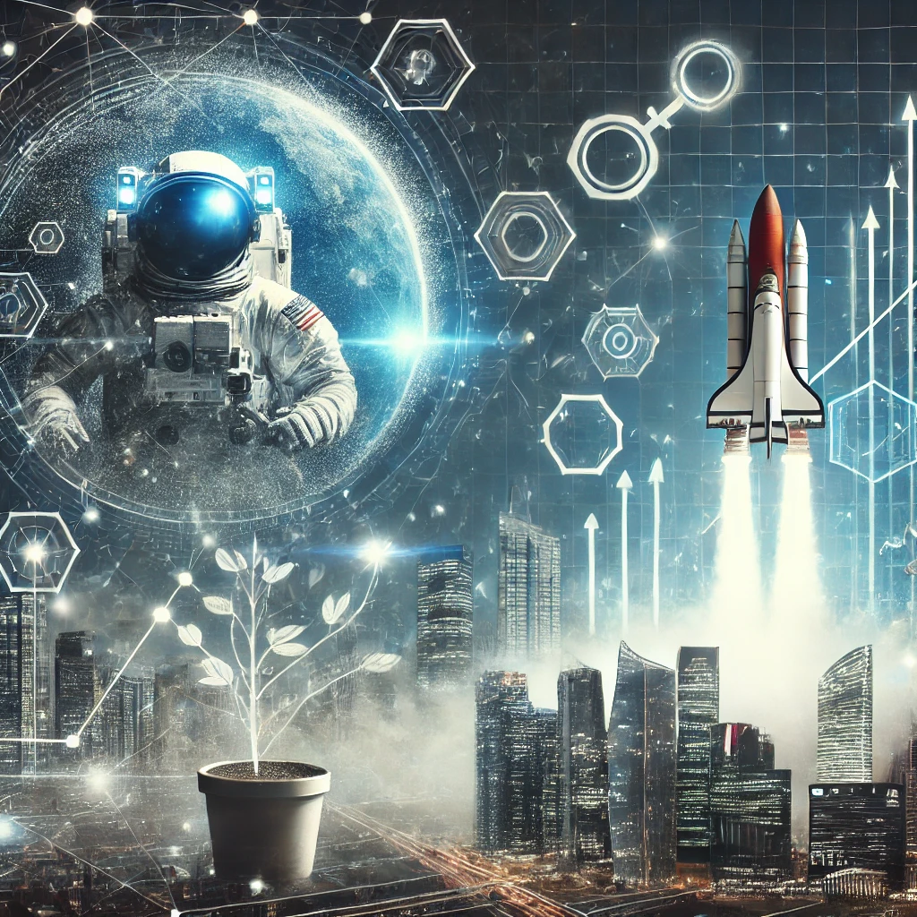 DALLE 2024-07-03 084649 - A futuristic scene with space exploration elements and a high-tech cityscape representing investment and relocation plans Abstract symbols of growth - innovaTopia ジェフ・ベゾス、アマゾン株24億ドル売却!移住計画と宇宙開発への影響は? - innovaTopia - (イノベトピア)