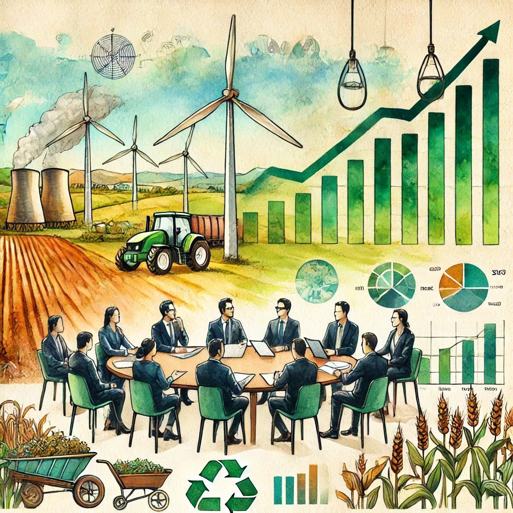 DALLE 2024-10-03 070246 - Watercolor illustration of Green Plains AgriTech company revising its strategy The image shows a boardroom meeting where executives discuss new susta - innovaTopia アグリテックのGreen Plains、投資家要請で戦略見直し、株価15%急騰 - innovaTopia - (イノベトピア)
