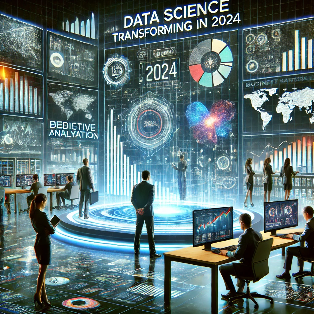 DALLE 2024-10-07 072312 - A business-focused illustration showing data science transforming industries in 2024 The image features a futuristic office with professionals analyz - innovaTopia 2024年、データサイエンスがビジネス変革の鍵に - 産業界全体に革命をもたらす予測 - innovaTopia - (イノベトピア)