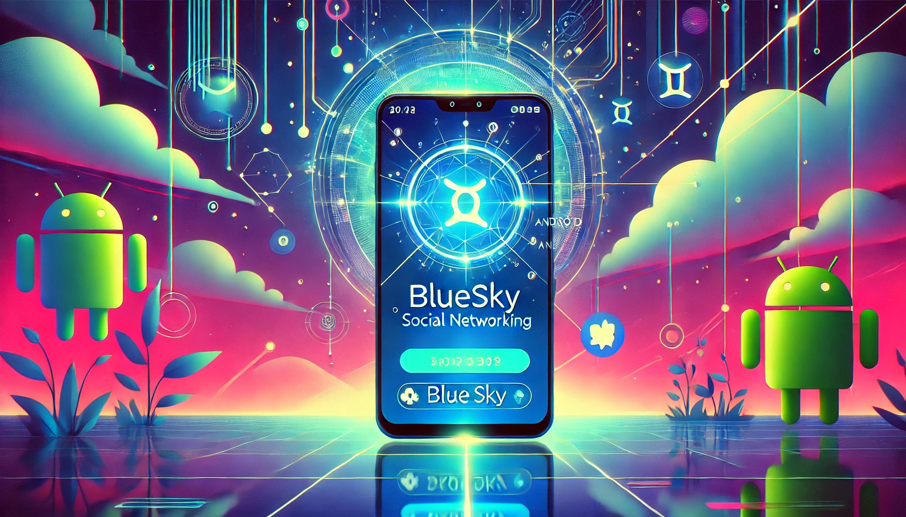 DALLE 2025-01-16 161419 - A vibrant and modern illustration of a futuristic social networking app concept Depict a dynamic scene with glowing blue skies in the background sym - innovaTopia - innovaTopia - (イノベトピア)