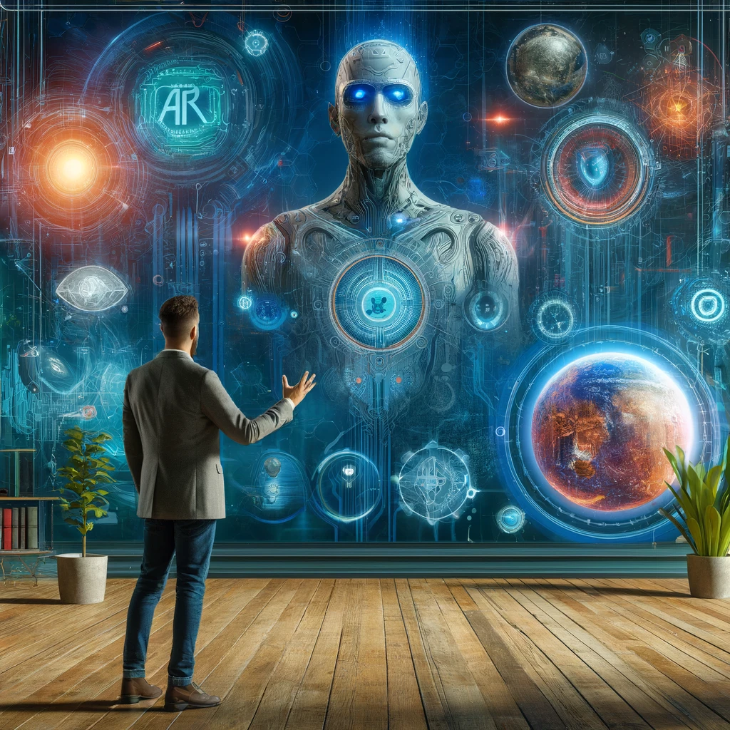 DALLE 2024-06-10 120553 - Alvin Graylin speaking about the future of AI and XR technology with a backdrop of virtual and augmented reality elements - innovaTopia AIとXRの未来を探る: Alvin Graylinが語る技術革新と社会変革 - innovaTopia - (イノベトピア)