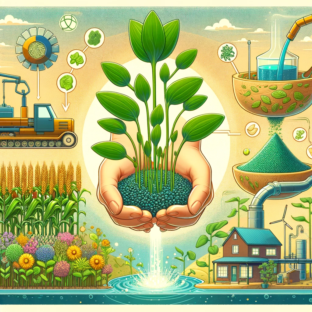 DALLE 2024-06-11 110906 - An illustration of the potential of Azolla as a future food source fertilizer and biofuel Show the plant in various stages of use from growth to p - innovaTopia アゾラの可能性: 栄養豊富な未来の食料、肥料、バイオ燃料へ - innovaTopia - (イノベトピア)