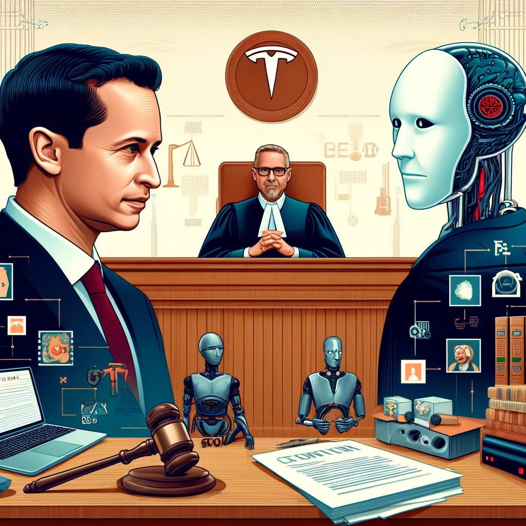 DALLE 2024-06-11 122922 - Illustration showing Teslas CEO and OpenAI in a courtroom setting with legal documents and AI-related elements The scene captures the conflict over - innovaTopia イーロン・マスク対OpenAI訴訟、AIの「オープン性」の真実が明らかに - innovaTopia - (イノベトピア)