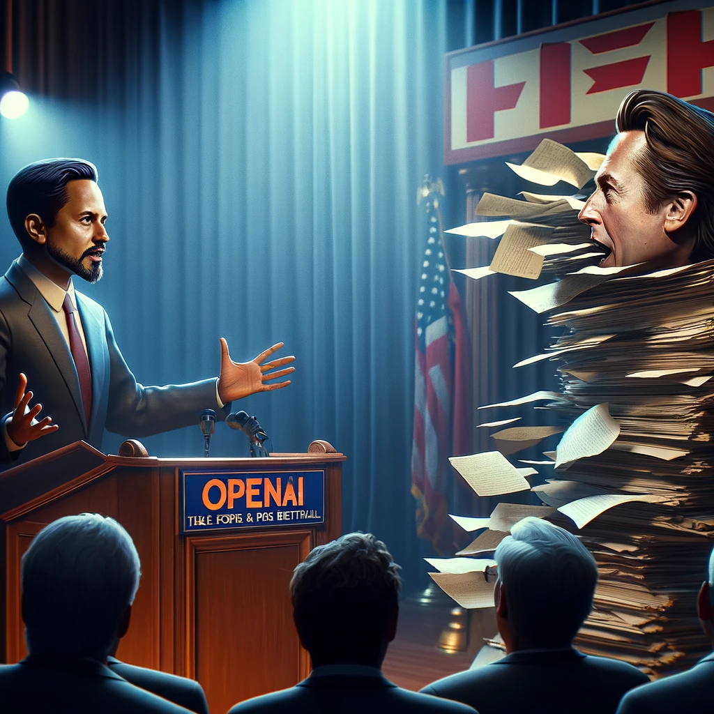 DALLE 2024-06-12 164651 - A dramatic scene depicting a public confrontation between OpenAI and Teslas CEO featuring an open rebuttal and leaked past emails - innovaTopia OpenAI対Elon Musk:公開反論と過去のメールが火に油を注ぐ - innovaTopia - (イノベトピア)
