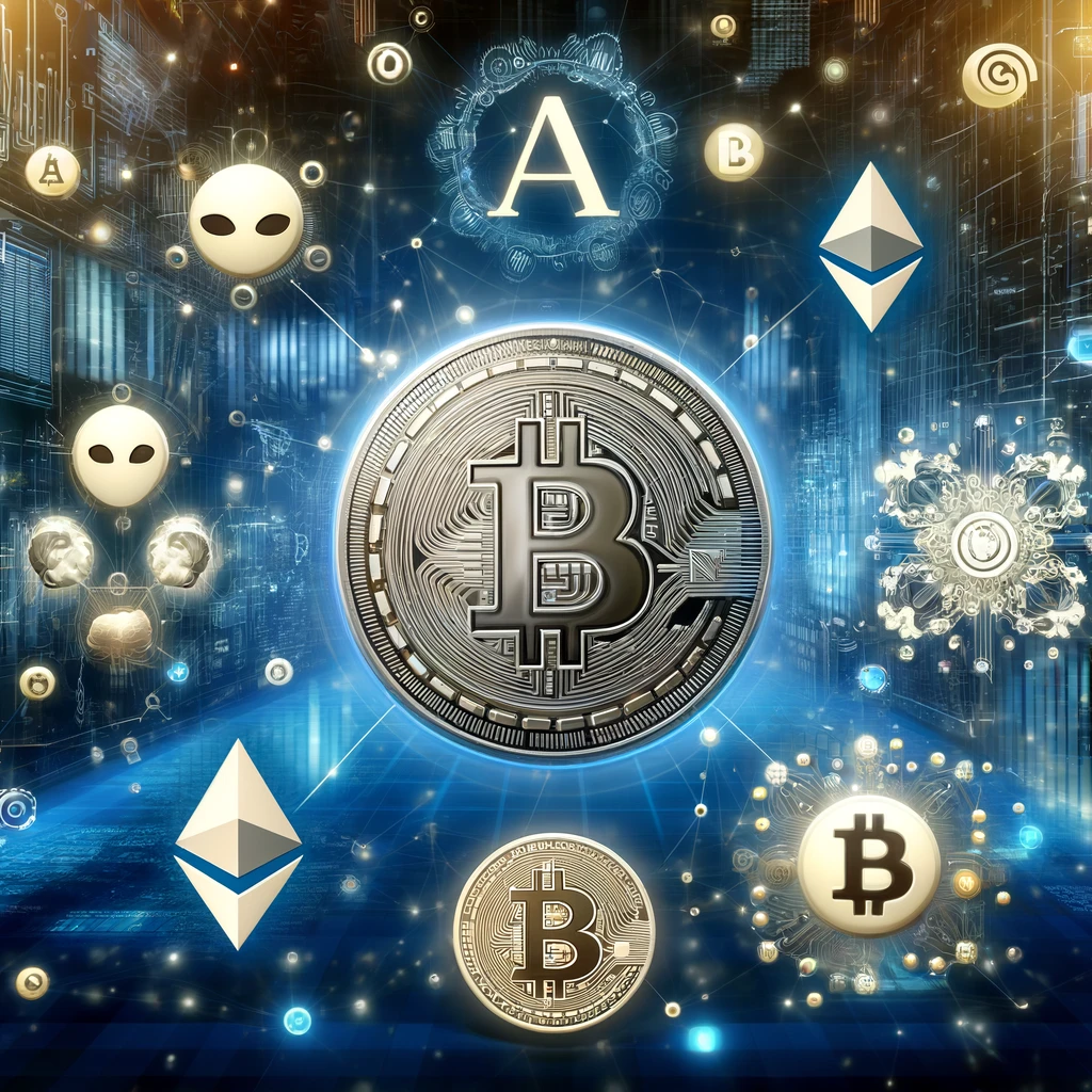 DALLE 2024-06-13 130250 - A digital illustration showing the fusion of AI and cryptocurrency symbolizing the future of financial markets The scene includes AI symbols intertw - innovaTopia AIと暗号通貨の融合が拓く、新時代の金融市場の未来 - innovaTopia - (イノベトピア)