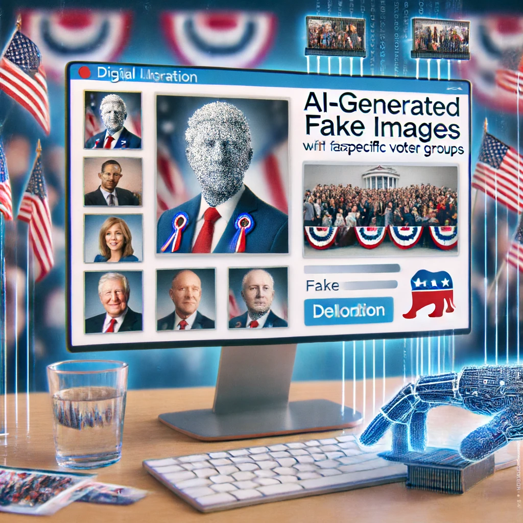 DALLE 2024-06-13 130315 - A digital illustration showing AI-generated fake images being used by political supporters to falsely depict a connection with specific voter groups i - innovaTopia AI生成の偽画像、トランプ支持者が黒人有権者との絆を偽装 - innovaTopia - (イノベトピア)