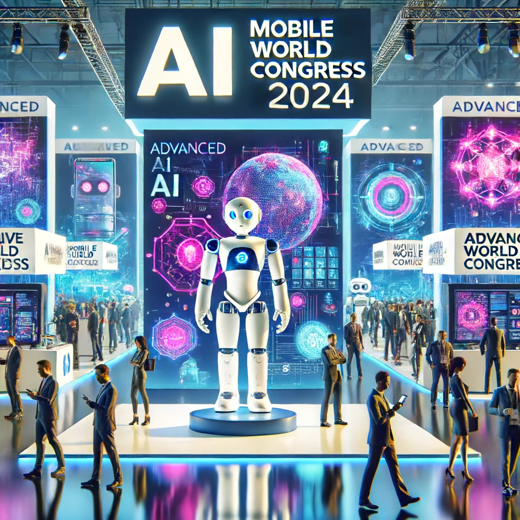 DALLE 2024-06-14 074359 - A vibrant scene at the Mobile World Congress 2024 showcasing the latest AI technology The background includes booths and banners with advanced AI dis - innovaTopia 人工知能が主役!モバイルワールドコングレス2024で最新技術が続々登場 - innovaTopia - (イノベトピア)