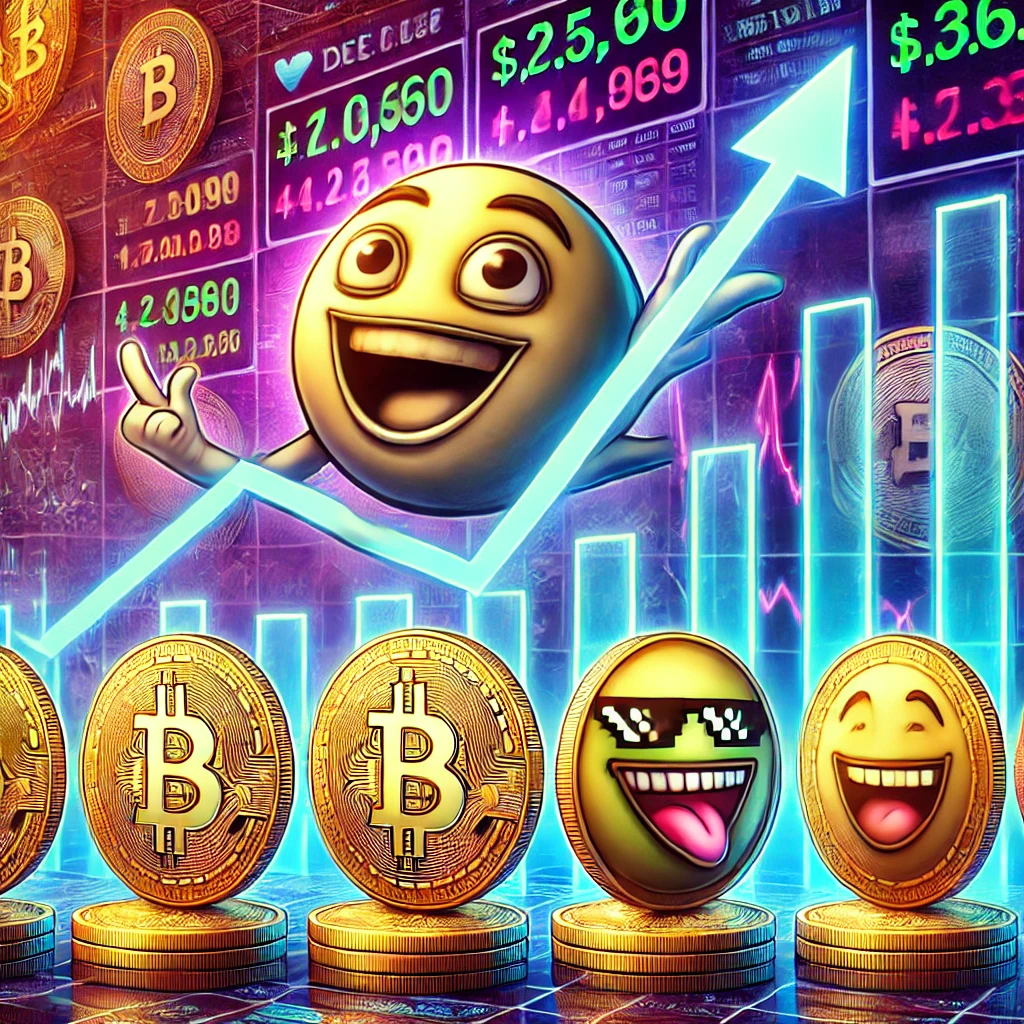 DALLE 2024-07-05 093204 - An illustration of a cryptocurrency market with various meme coins rising in value The scene includes digital charts showing significant growth with - innovaTopia ソラナ上のバイデン&トランプミームコインが市場を席巻、BODENが830%急騰 - innovaTopia - (イノベトピア)