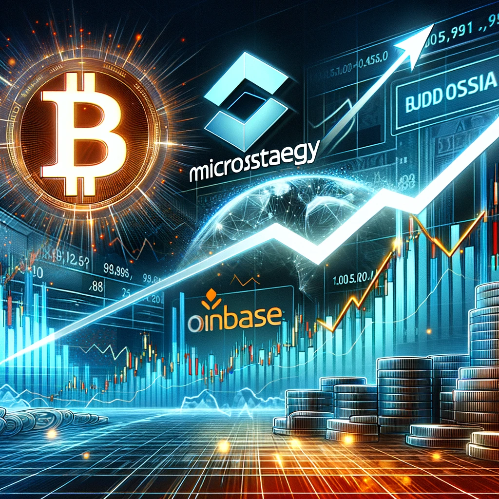 DALLE 2024-09-25 072251 - An illustration of a stock market scene with the logos of MicroStrategy and Coinbase prominently displayed In the background a large bullish graph s - innovaTopia MicroStrategyとCoinbase、ショートセラーによる株価急騰の可能性あり - innovaTopia - (イノベトピア)