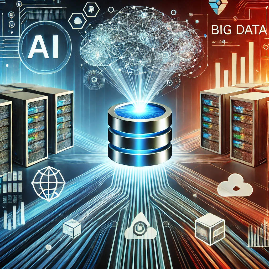 DALLE 2024-10-08 061053 - An illustration representing the future of database architecture showing the merging of big data and AI The image features a dynamic flow of data st - innovaTopia データベースアーキテクチャの未来:ビッグデータとAIの融合が進化を牽引 - innovaTopia - (イノベトピア)