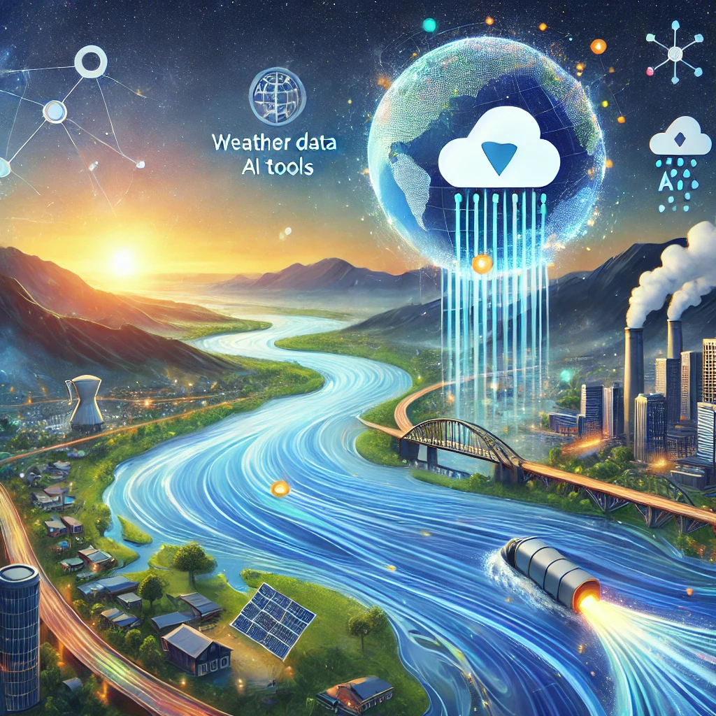 DALLE 2024-10-08 064452 - An illustration symbolizing Googles advanced flood prediction technology Show a futuristic landscape where data streams are flowing over a map high - innovaTopia 洪水リスク対策に革命、Googleが先進技術で予測精度向上 - innovaTopia - (イノベトピア)