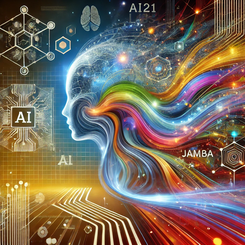 DALLE 2024-10-08 071514 - An illustration representing AI21 Labs Jamba model pushing the boundaries of AI Show an abstract depiction of a powerful AI system with flowing d - innovaTopia AI21 Labs、革新的「Jamba」モデルでAIの限界を超える - innovaTopia - (イノベトピア)