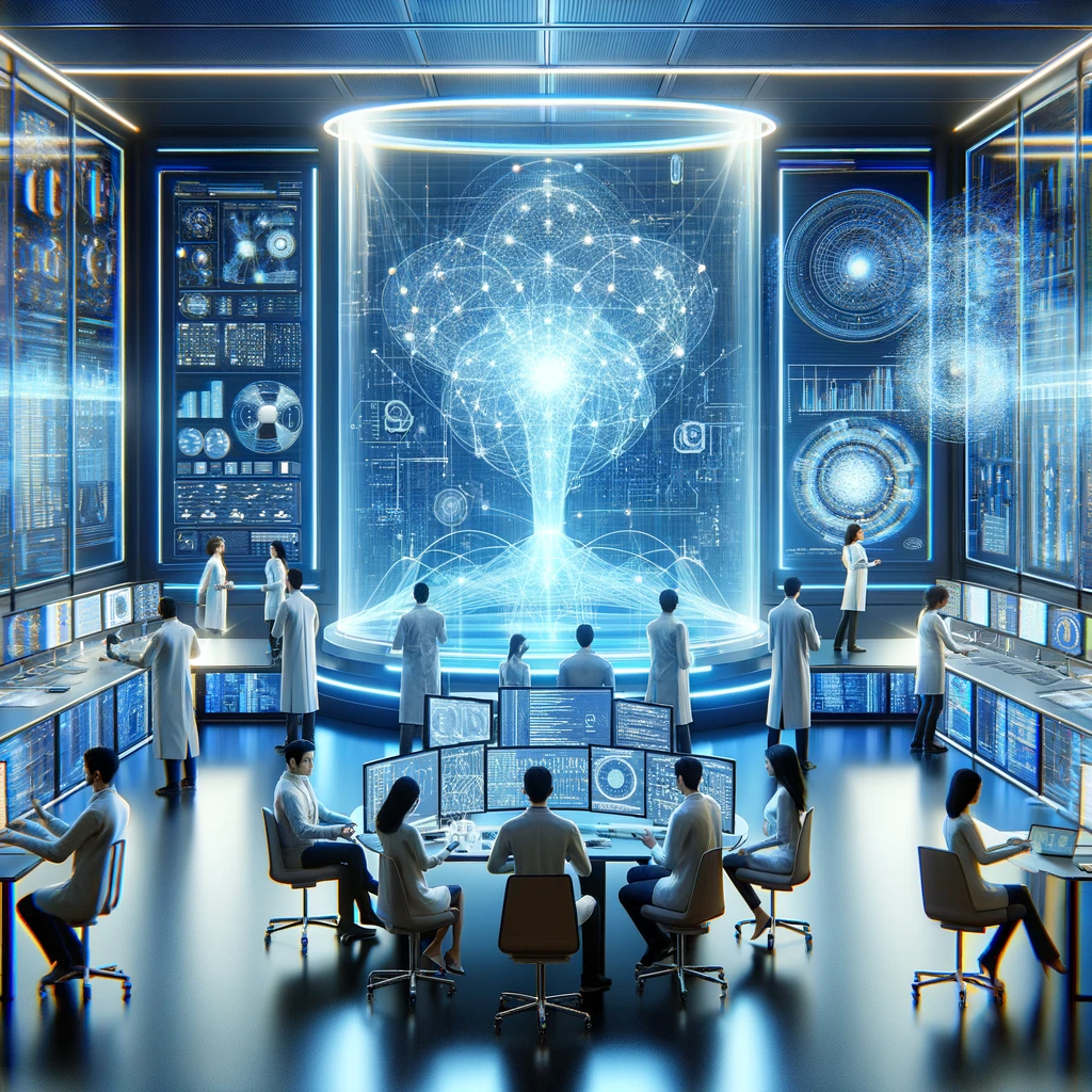 DALLE 2024-04-11 143917 - Illustrate a futuristic AI research lab filled with glowing screens displaying complex algorithms and graphs In the center a diverse team of scient - innovaTopia Cohere Command R+ GPT-4やClaude3も凌駕するLLMについてまとめてみた - innovaTopia - (イノベトピア)