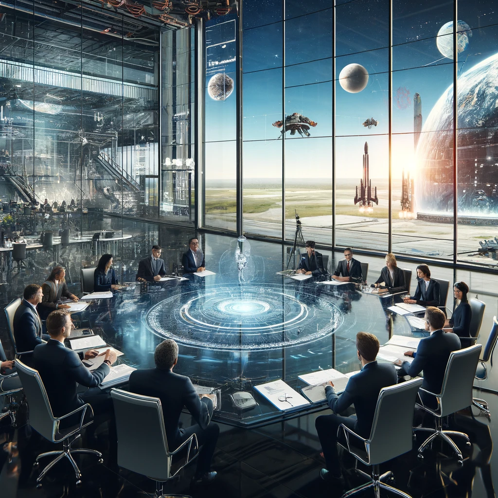DALLE 2024-04-14 111514 - A conceptual image depicting the collaboration between government and private sector in the space industry The scene is set in a futuristic meeting r - innovaTopia 宇宙ビジネスの新たな潮流 - 即応ミッション「Victus Haze」が示す民間連携の形 これを採用して反映してください - innovaTopia - (イノベトピア)